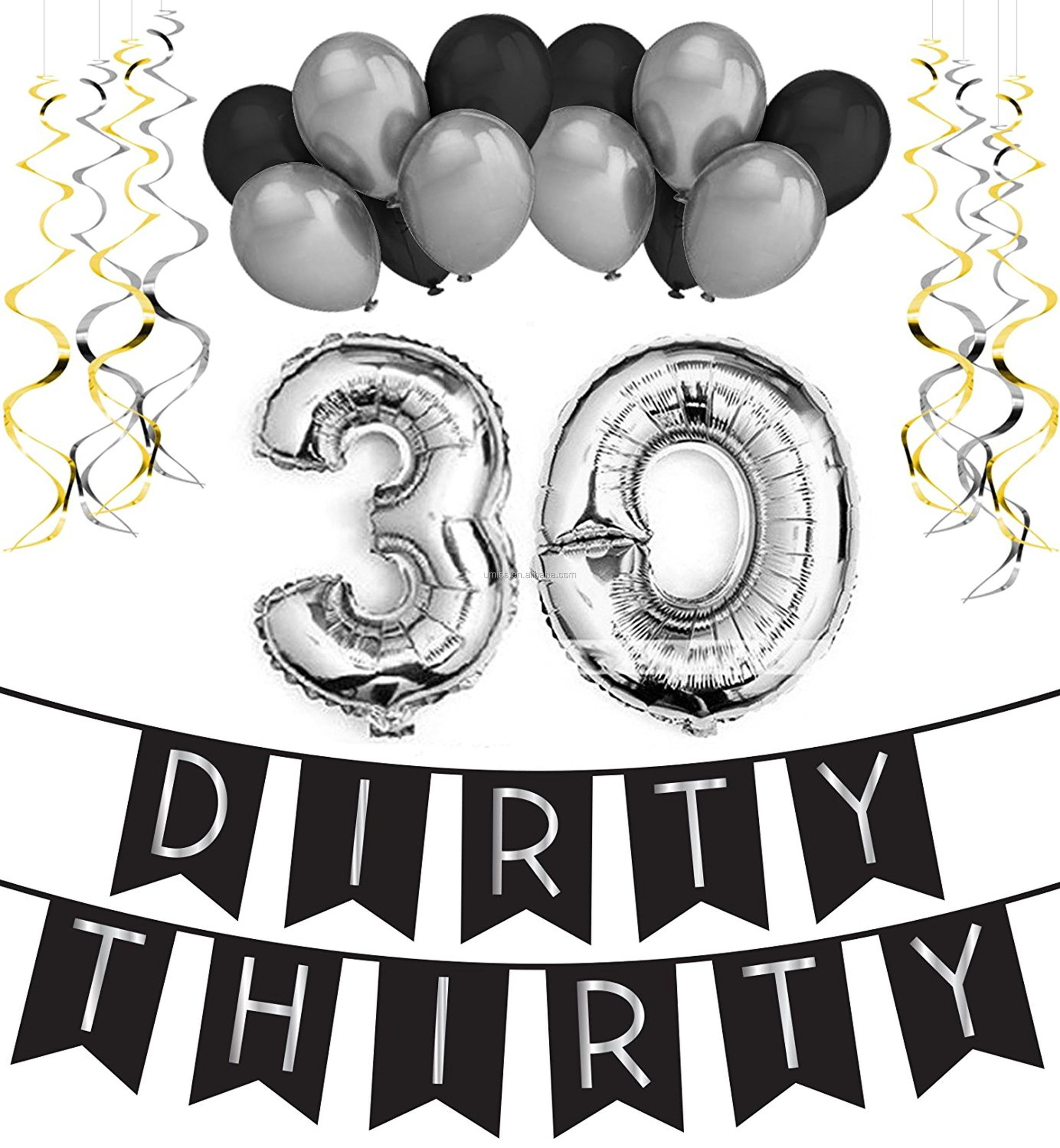 Umiss 23pcs 30th Birthday Party Supplier Black Silver Dirty Thirty