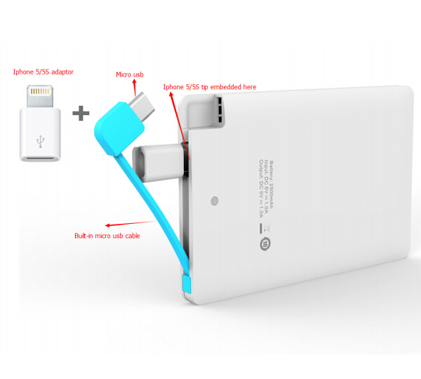 2014 Ultra-thin 6mm credit card size power bank with built in charge cable slim power banks made in china