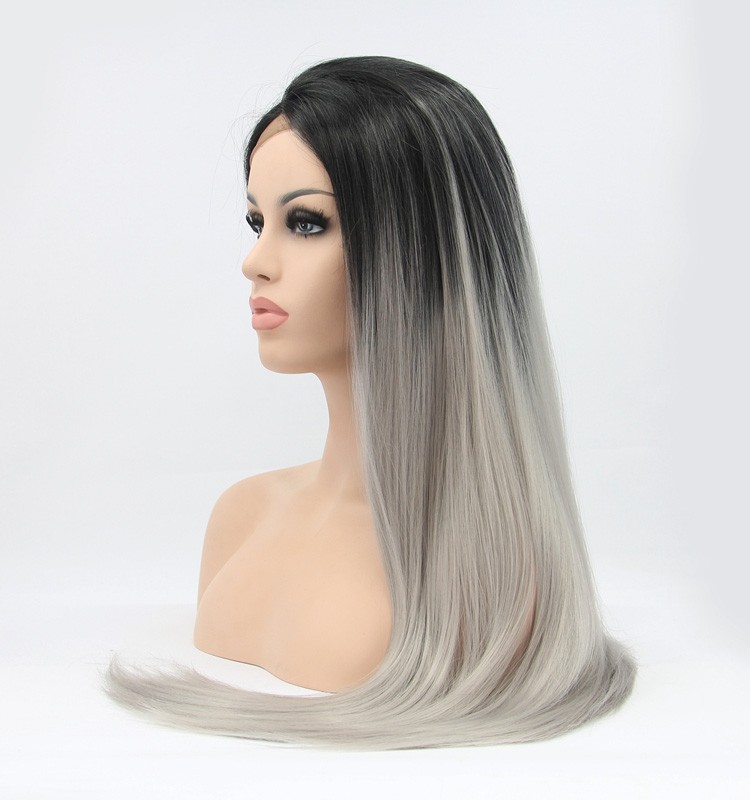 22 Long Ombre Dark Root Gray Straight Synthetic Lace Wig Fashion