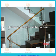 indoor 12mm glass stair railing fixed by wood handrail/glass staircase balustrade