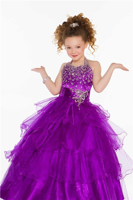 美しい王女ボール紫色のオーガンザフリルホルター女の子のページェント子供の社交ダンスのドレス問屋・仕入れ・卸・卸売り