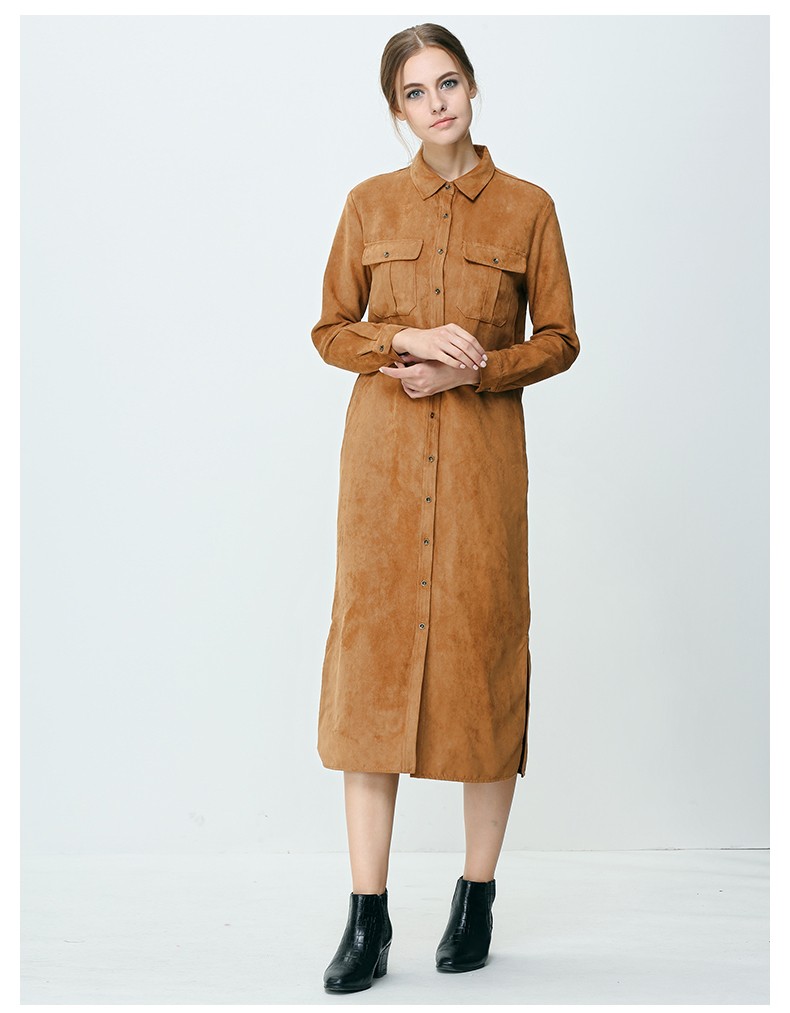 女性の フェ イク スエード シャツ マキシ ドレス oem タイプ odm メーカー服アパレル工場広州仕入れ・メーカー・工場