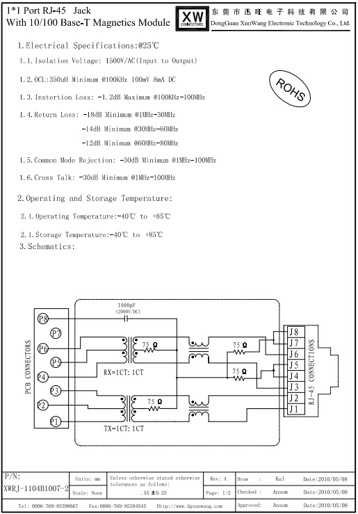 Rohs/ul1x1のポート、 10/100ba<em></em>set、 rj45コネクタ10100仕入れ・メーカー・工場