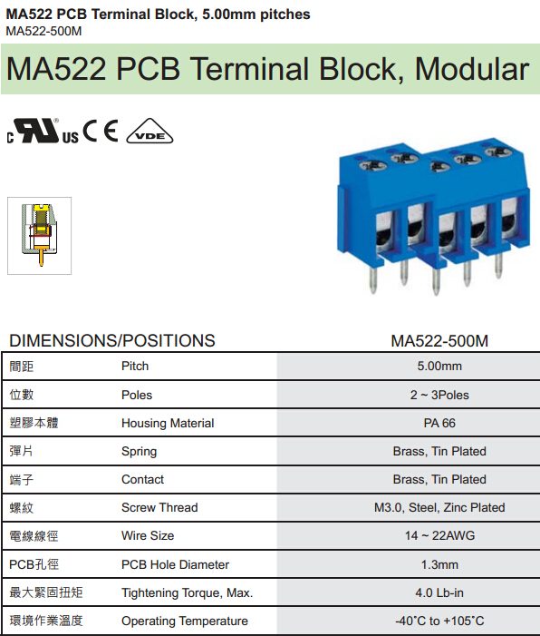 ユーロタイプの端子台、 ma522/ma524-500m、 5.00ピッチプリント基板用端子台仕入れ・メーカー・工場