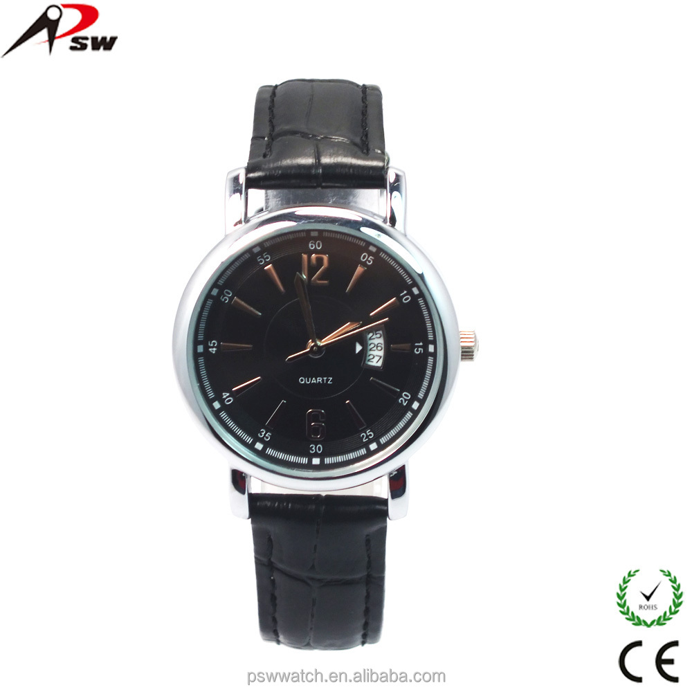 Man watch 2015 black genuine leather watch with calendar