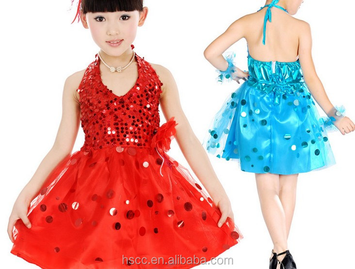 新しいデザインのスパンコールのパーティードレスvネック美しい学校の女の子のダンス服のダンスの衣装問屋・仕入れ・卸・卸売り