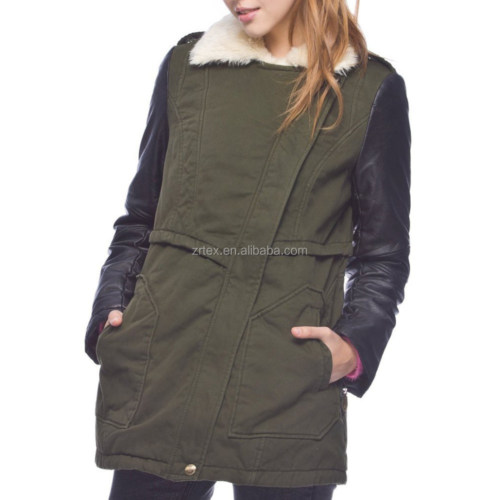 new style russian women coat, leather sleeve trench coat woman