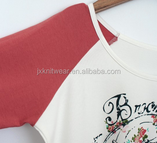 レディース`2014年コントラストカラーラグランスリーブクルーネックカラフルなプリント付きtシャツ問屋・仕入れ・卸・卸売り