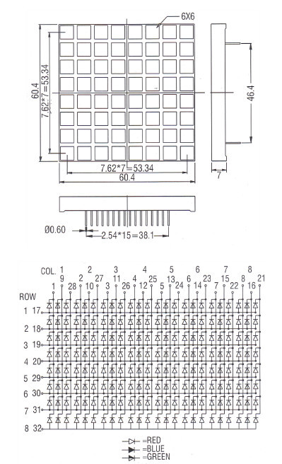 full color 5 mm 8x8 rgb dot matrix led display,60*60 dot matrix