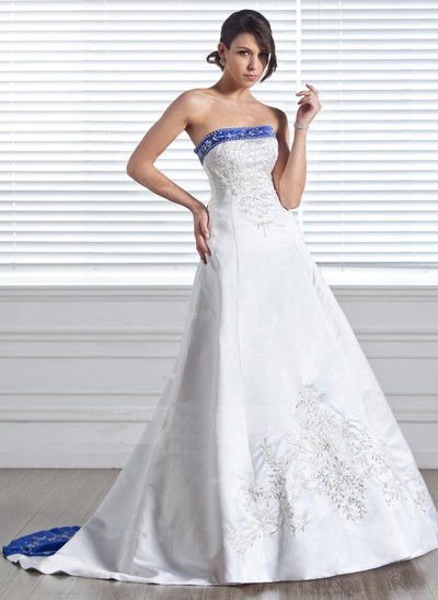 Strapless Embroidered Ball Gown Satin Cheap Royal Blue and White Wedding Dresses