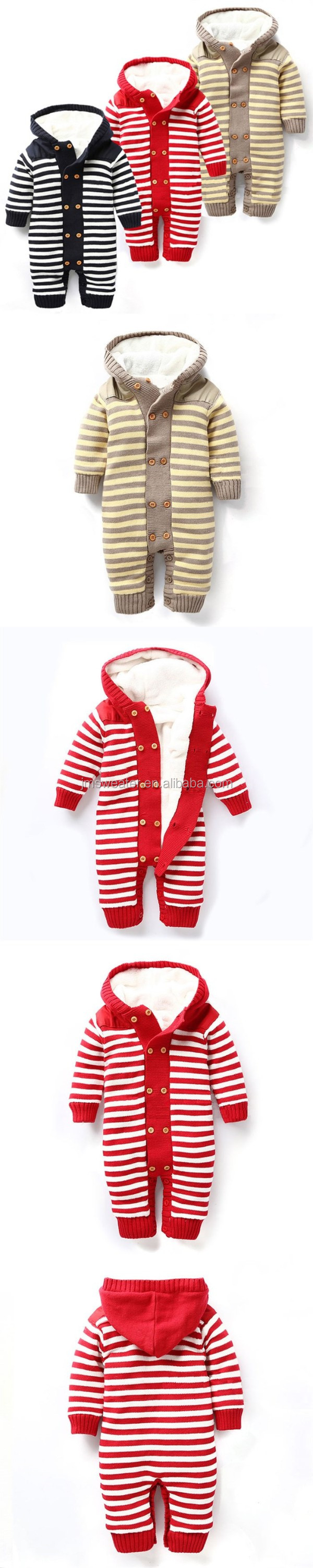 最新のファッションデザイン赤いストライプ幼児ニット厚い冬の赤ちゃんフード付きロンパース仕入れ・メーカー・工場