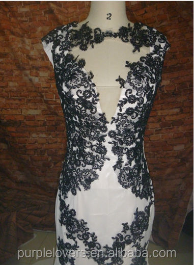 半袖ハイネック2014年黒長い人魚のイブニングドレスをアップリケレース問屋・仕入れ・卸・卸売り