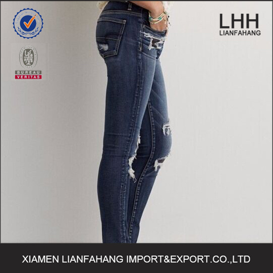 top design sexy ladies blue ripped skinny denim jeans