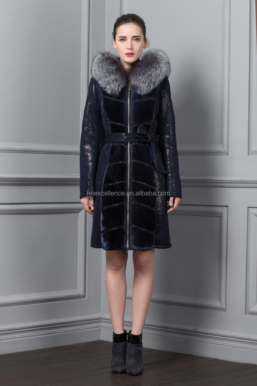 冬のロシア2015新しいスタイル濃い青女のpuコートベルト付き仕入れ・メーカー・工場