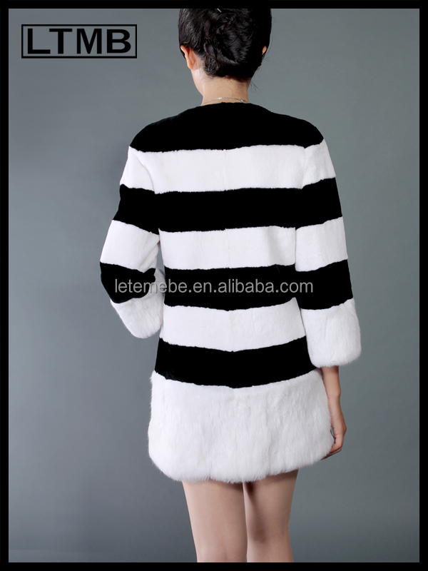 新しいファッションエレガントなltmb2014年rexのウサギの毛皮のコート黒と白の横縞o- ネックの襟の女性や女の子のための問屋・仕入れ・卸・卸売り