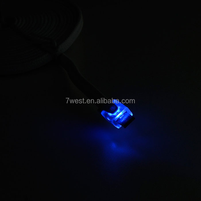 oemled点灯し編組ファブリックフラットマイクロusbケーブル　青色発光ダイオード照明付きヘッドケーブル問屋・仕入れ・卸・卸売り
