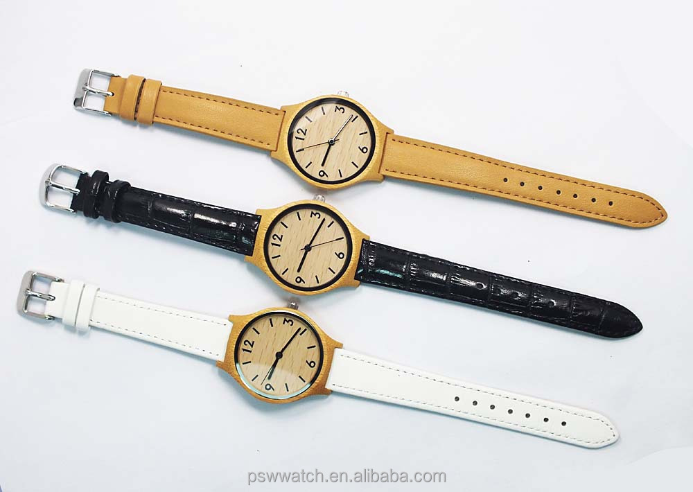 Custom logo watches fahsion bamboo watches with leather watch strap