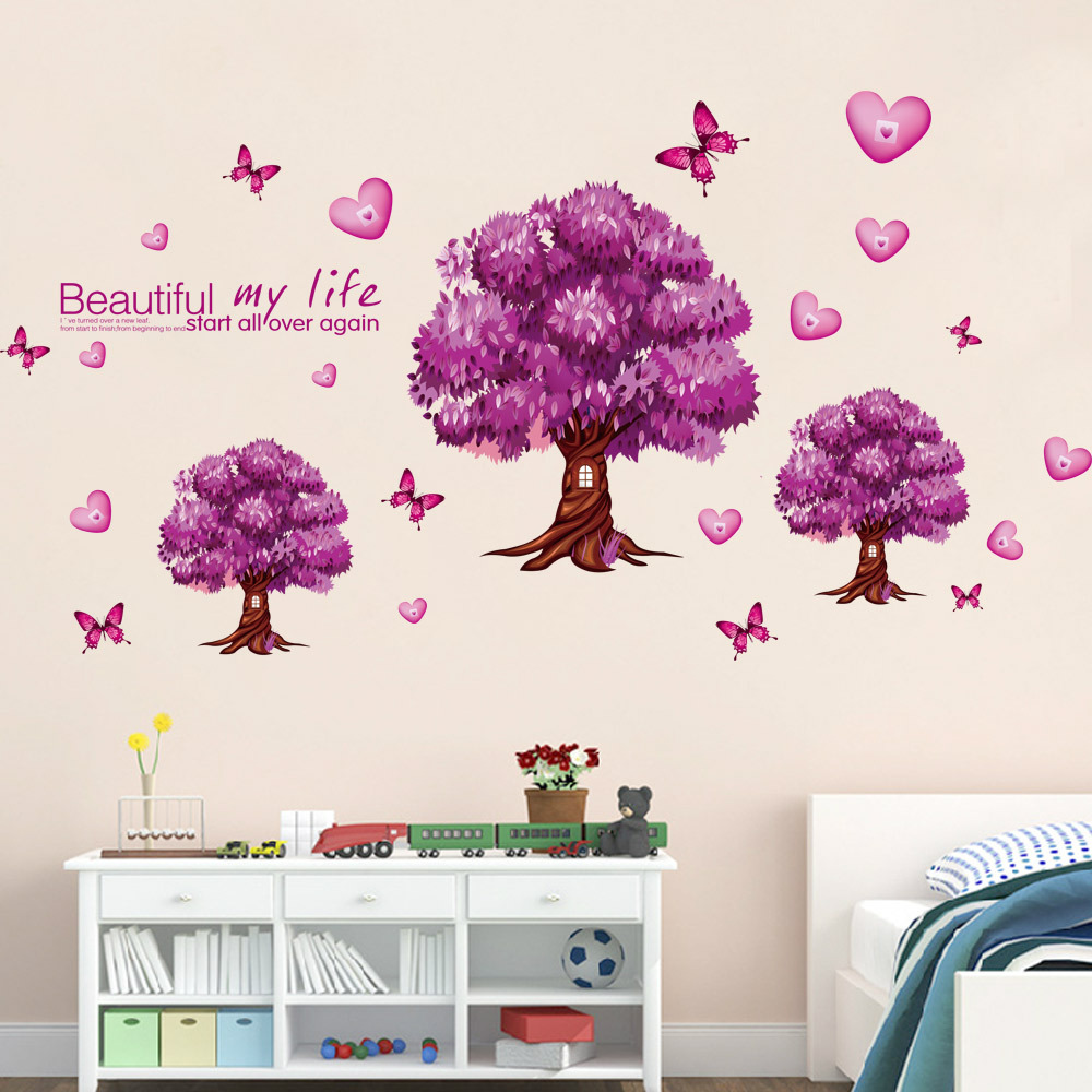 9228 Y Kartun Ungu Pohon Stiker Dinding Cinta Hati PVC Indah
