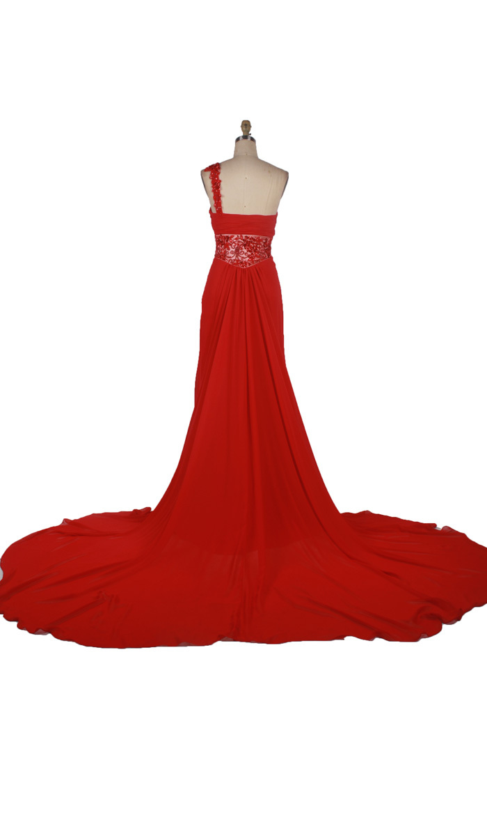 赤の片方の肩のビーズプリーツのイブニングドレスを末尾問屋・仕入れ・卸・卸売り