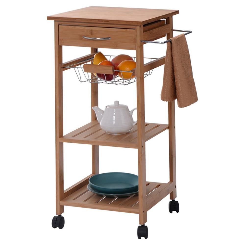 Rolling Bamboo Kitchen Trolley Cart Storage Shelf Island W Drawer