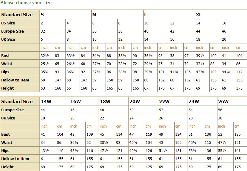 Wedding Gown Size Chart