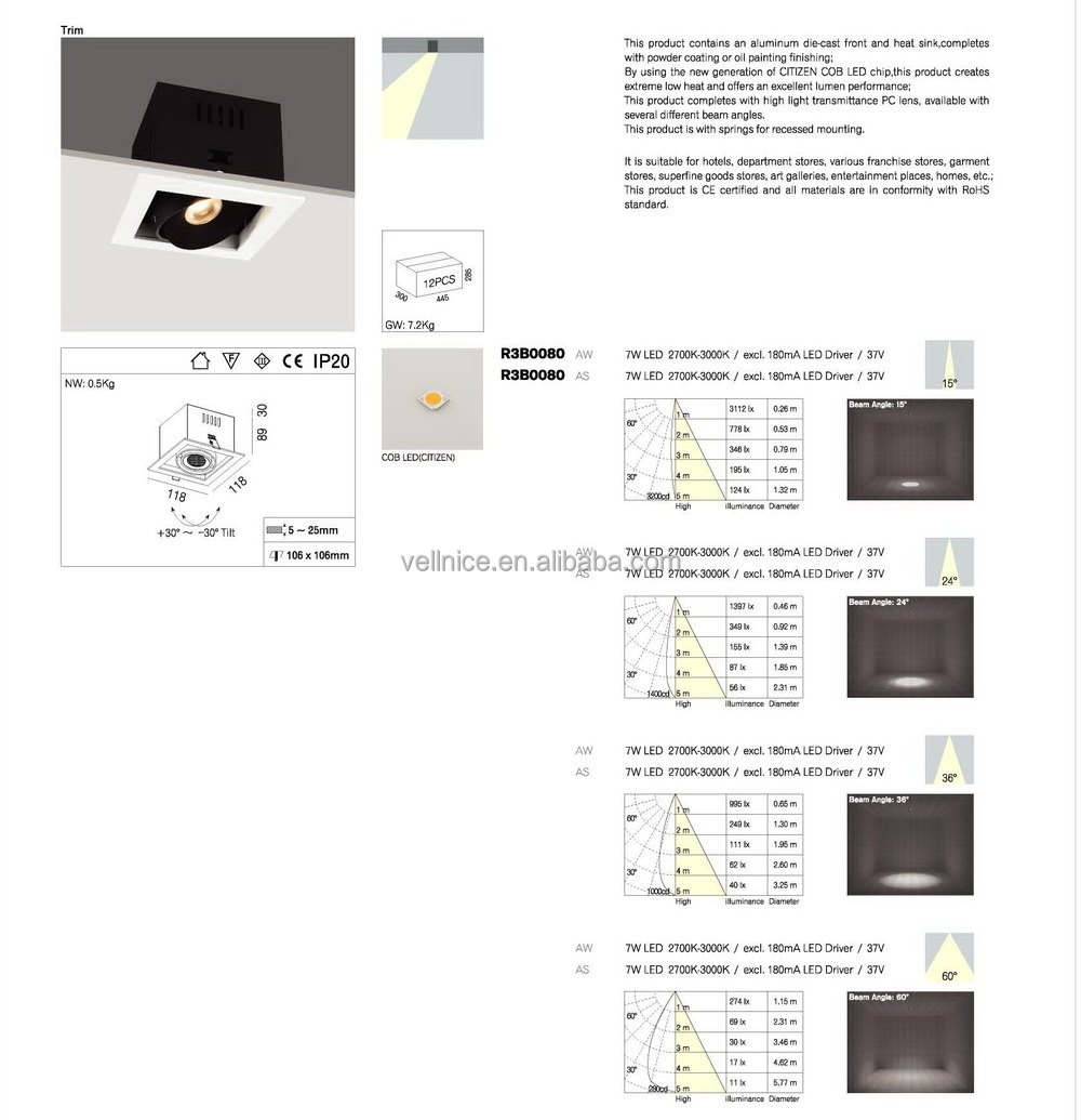 Cobled7w10w15w正方形の埋め込み式ダウンライトレンタル用の/部門/ホテル/franfhiser3b0080ショア仕入れ・メーカー・工場