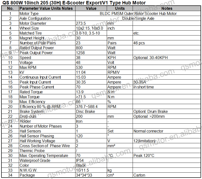 QS 10inch 800W 205 (30H) E-Scooter Normal/V1 Type Hub Motor