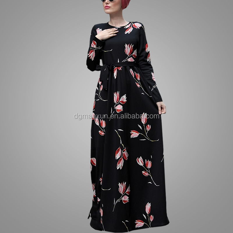 High Quality Simple Fancy Abaya For Women Dubai Printing Long Sleeve Maxi Dress Abaya Muslim Black Belt Kaftan Dress (2).jpg