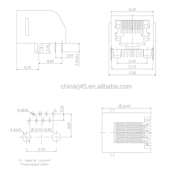 サイドエントリーrj45平らな接触、 pcbマウントジャック8ポジションをパネルのために停止しネットワークコネクト仕入れ・メーカー・工場