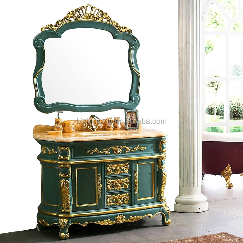 New Arrival European Baroque Style Solid Wood Carving Floral Bathroom Vanity With Mirrors Bf12