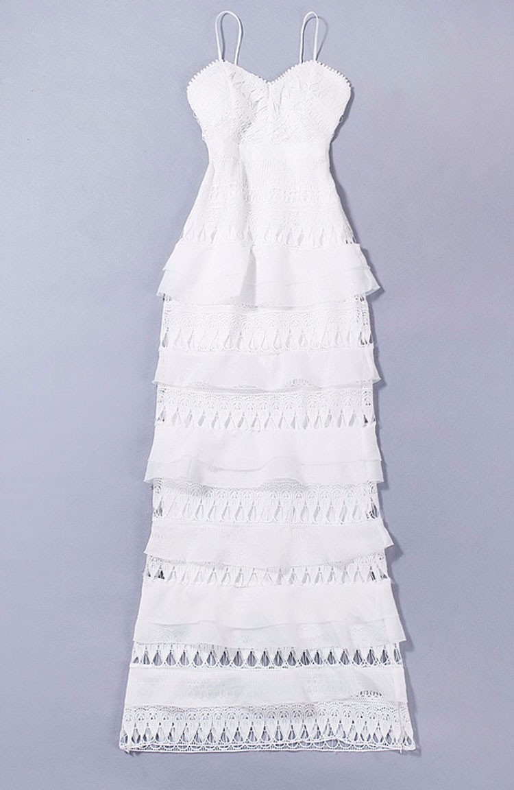 2016新しい固体白い刺繍カスケードフリルレースロングパーティードレス仕入れ・メーカー・工場