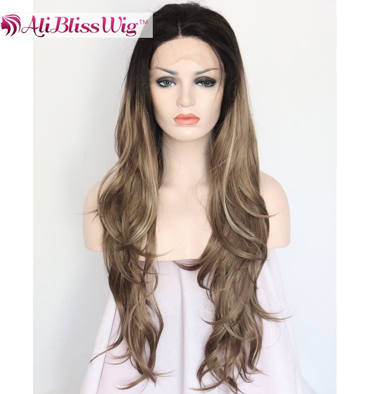 24 Straight Wavy Middle Parting Multi Layered Haircuts Long Hair Dark Roots Two Tone Ombre Brown Synthetic Lace Front Wigs Buy Ombre Brown