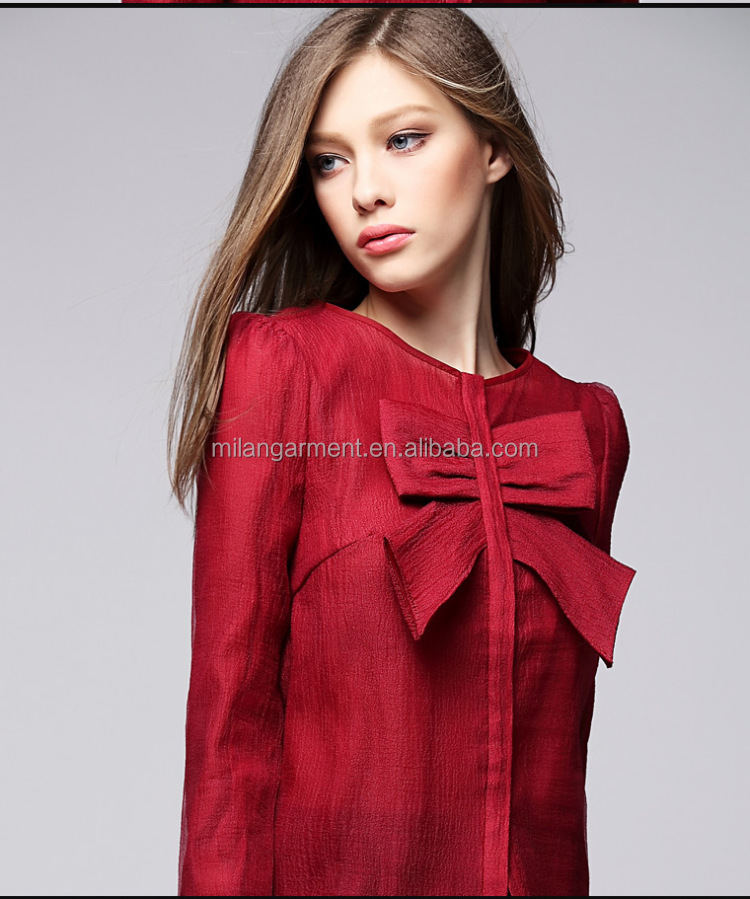 ファッション赤い色のラウンドネックちょう結びlond袖オフィス女性のリネンのシャツブラウス仕入れ・メーカー・工場