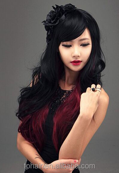 ファッション女性black+redコスプレパーティーかつら長い女性のフルウィッグカーリー波状毛 問屋・仕入れ・卸・卸売り