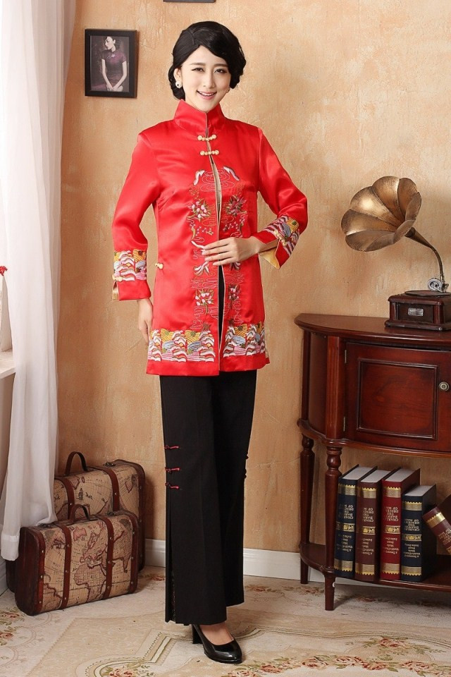 красный традиционный китайский одежда cheongsam qipao Тан блузка Топ длинный парча вышивка траншейные пальто для женщин, Свадебная одежда красный традиционный китайский одежда cheongsam qipao Тан блузка Топ длинный парча вышивка траншейные пальто для женщин, Свадебная одежда