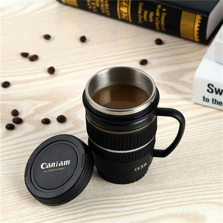 革新的な製品ステンレス鋼のカメラのレンズ中国から字型のコーヒーマグ仕入れ・メーカー・工場
