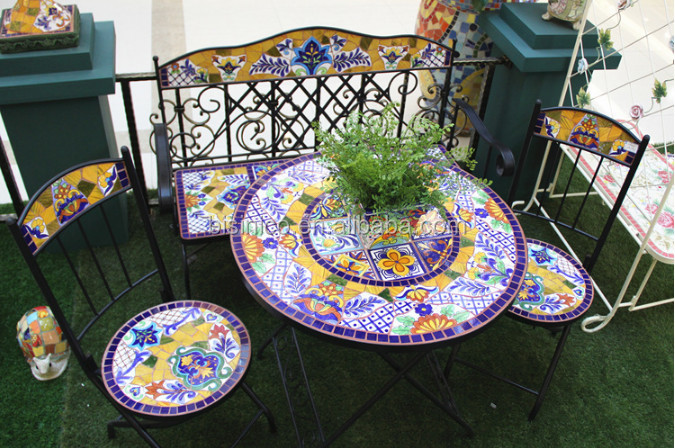 Wrought Iron And Ceramic Mosaic Garden Table And Chairs Set,Outdoor