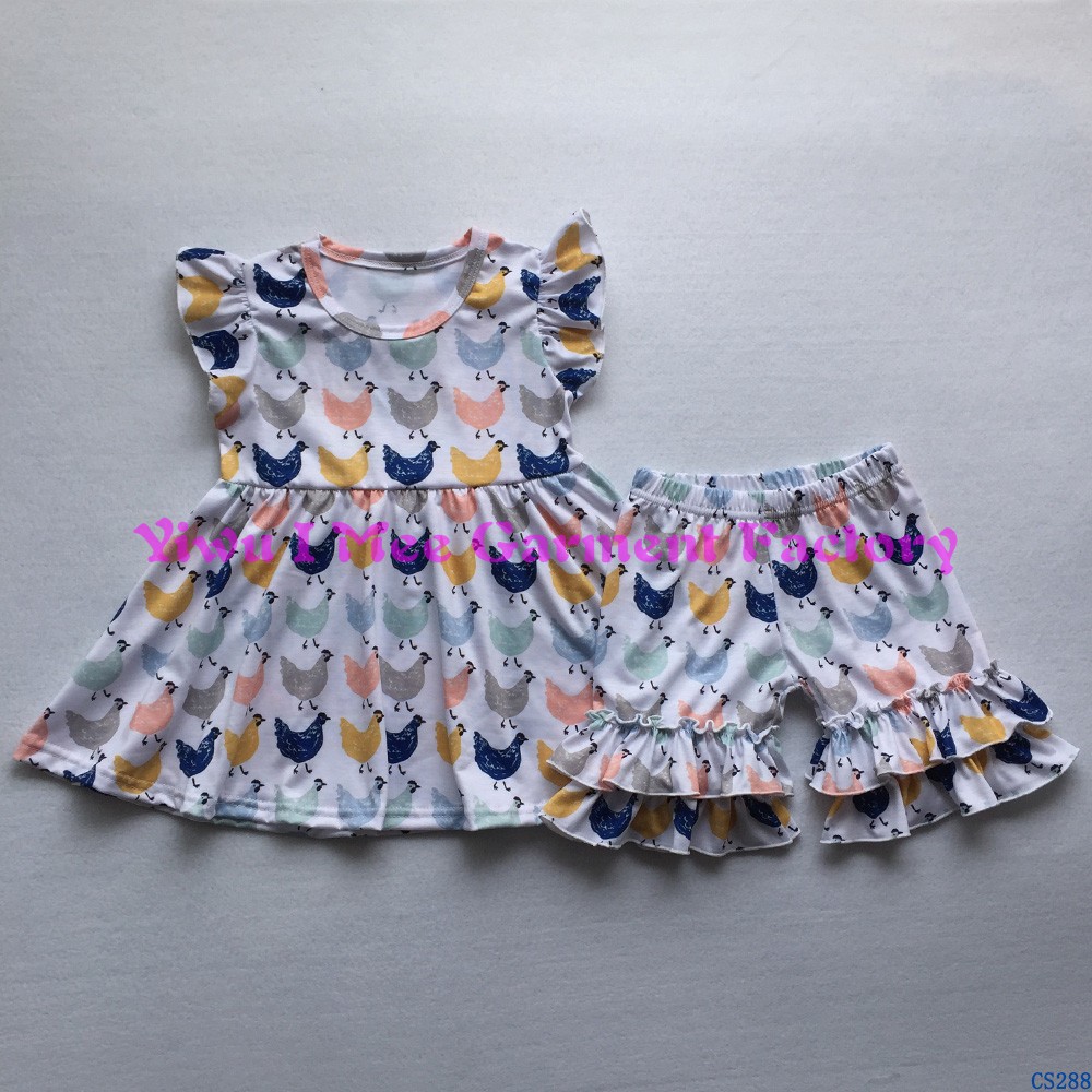 CS292かわいい女の子ブティック夏衣装子供チキン柄フラッタースリーブドレスとアイシングショーツ服セット仕入れ・メーカー・工場