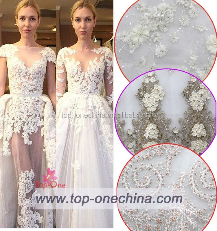 Luxury White 3d Wedding Lace Fabric Hand Beaded Wedding Fabric