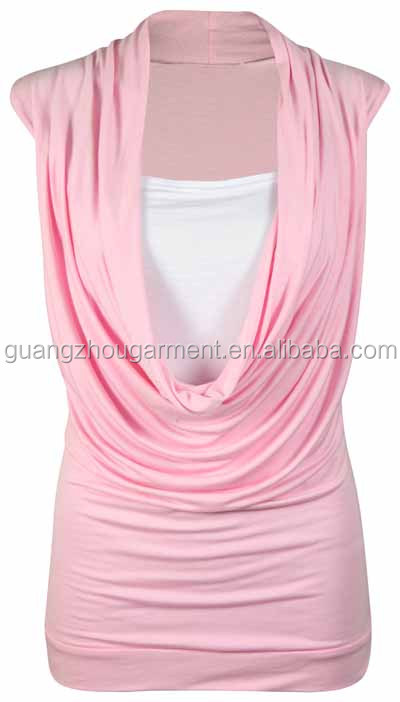 女性のコントラストインサートカウルネックストレッチロングベストレディースノースリーブt- シャツトップブラウス問屋・仕入れ・卸・卸売り