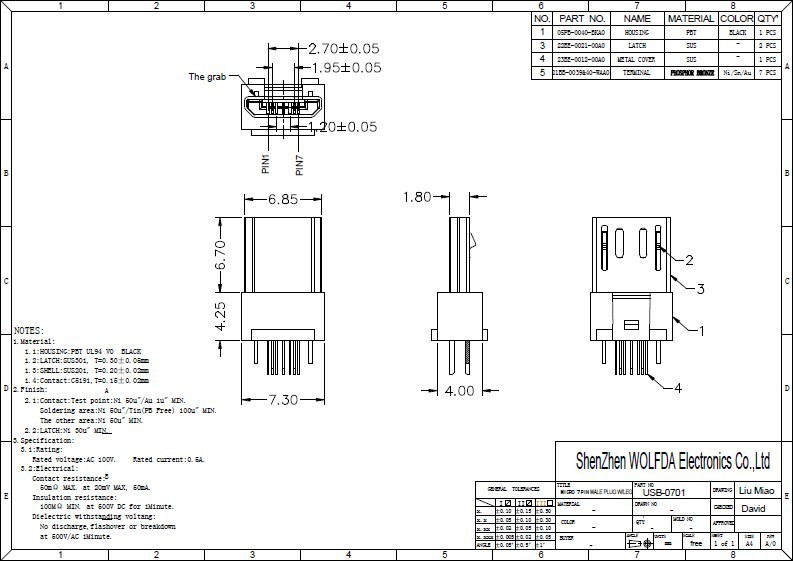 マイクロusb7ピン2.0pitch0.6mmオスコネクタ、 pcb仕入れ・メーカー・工場