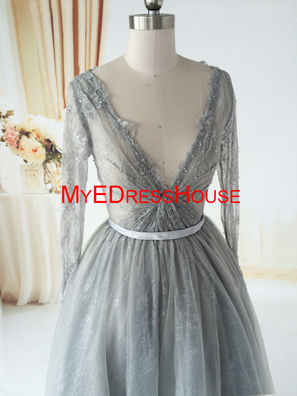 Md15062015myedresshouseによって人気のディープv- ネック長袖イスラム教のふくらはぎ丈銀ビーズのレースのカクテルドレス仕入れ・メーカー・工場