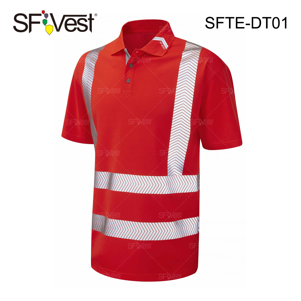 Polyester Breathable Knitted Red High Viz Reflective Safety Polo T
