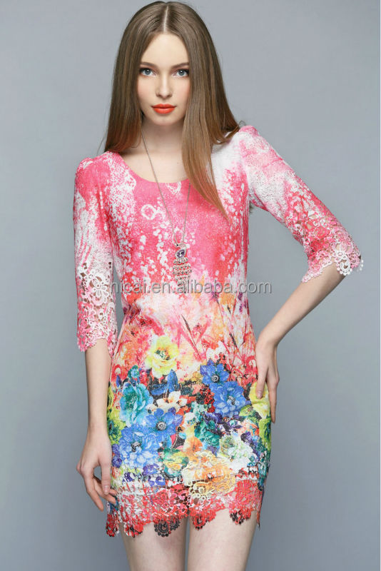 中空アウト2014年裾花柄のコットンスリム女性の夏の鉛筆のドレス問屋・仕入れ・卸・卸売り