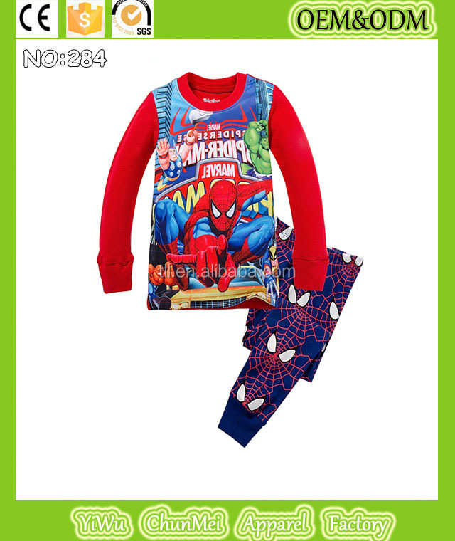 新しい到着の子供のパジャマ2015スパイダーマン子供用ファニーのパジャマベビー男の子の綿寝間着印刷piajamas長袖パジャマ仕入れ・メーカー・工場