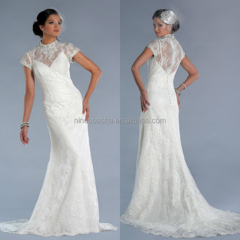 New Arrival 2014 Beaded High Neckline Cap Sleeve Sheer Covered