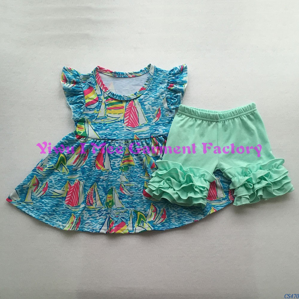 ブティック女の子バック·トゥ·スクール衣装トレンディキッズアップルアップリケ青いドレスでレッドストライプフリルパンツ服セットCS451仕入れ・メーカー・工場