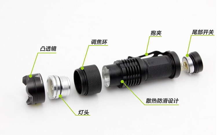 Sk68 7ワット300lm 3モード懐中電灯トーチ、 調整可能なフォーカスズーム、 黒仕入れ・メーカー・工場