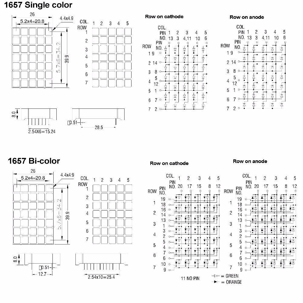 square dot 6x6mm panel led array display 5*7