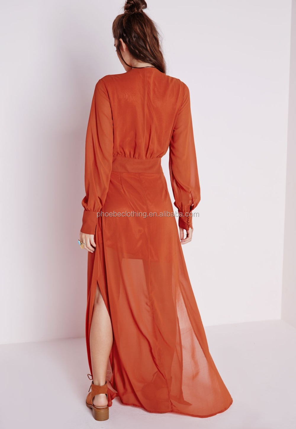最新のドレスデザインファッションレディーロングスリーブマキシドレスでサイドスリット仕入れ・メーカー・工場